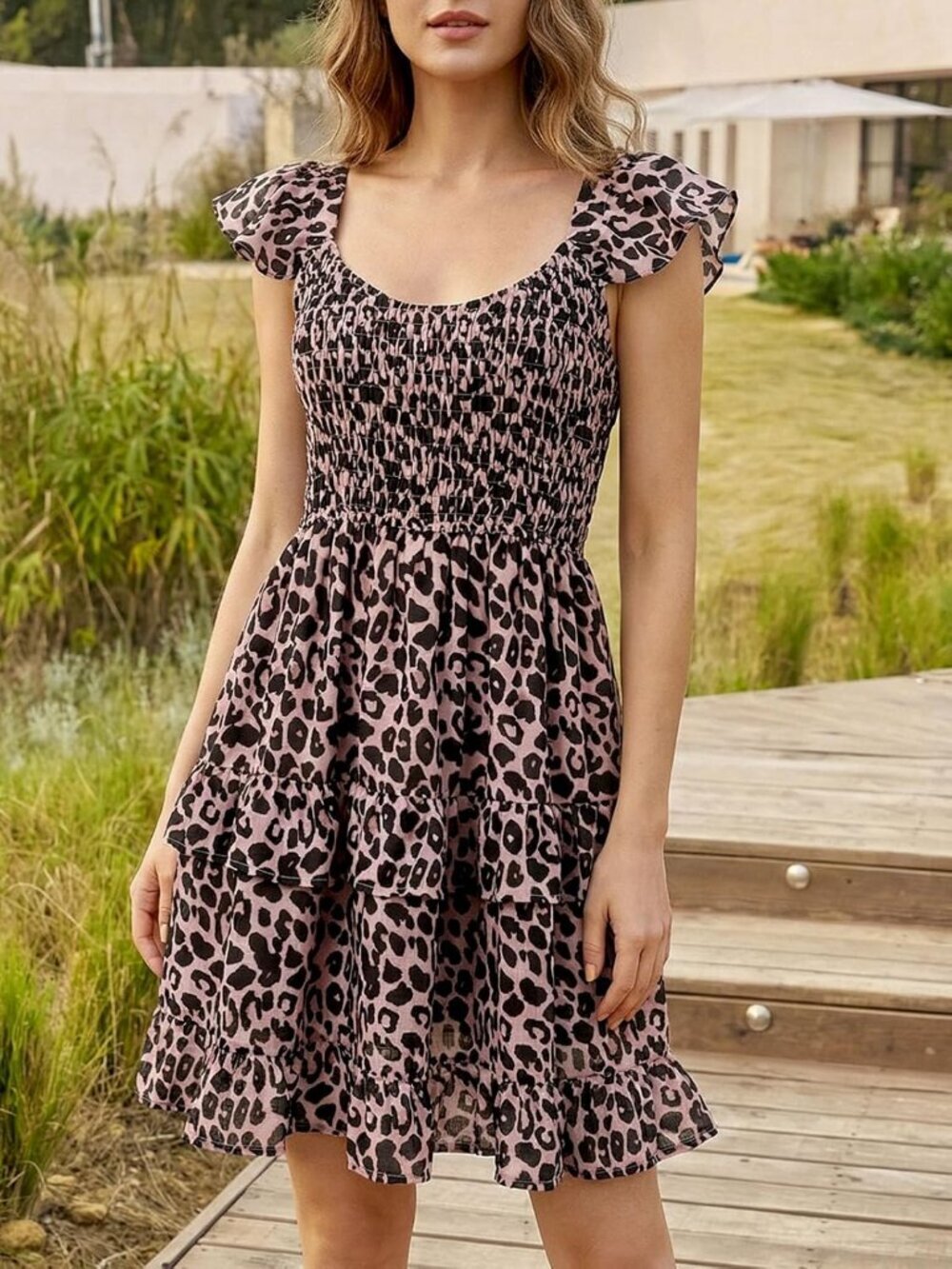 Women's Summer Dress Boho Leopard Smocked Ruffle Sun Beach Mini Swing Dress - Picture 4 of 5